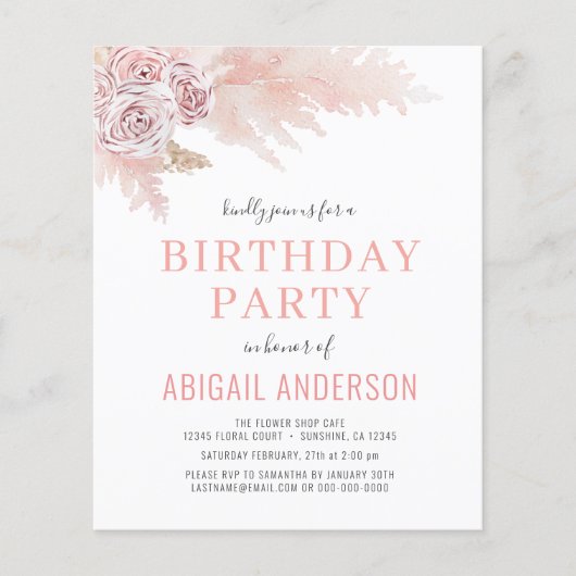 Budget Boho Pampas Gras Verjaardagsfeest Uitnodigi (Voorkant)