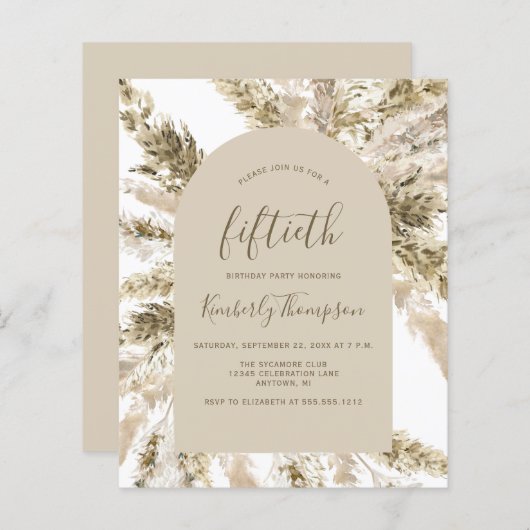 Budget Boho Pampas Grass Arch 50th Birthday Invite (Voorkant / Achterkant)