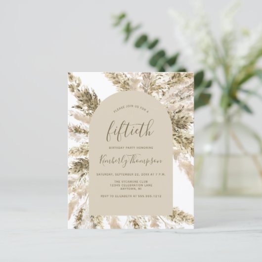 Budget Boho Pampas Grass Arch 50th Birthday Invite (Staand voorkant)