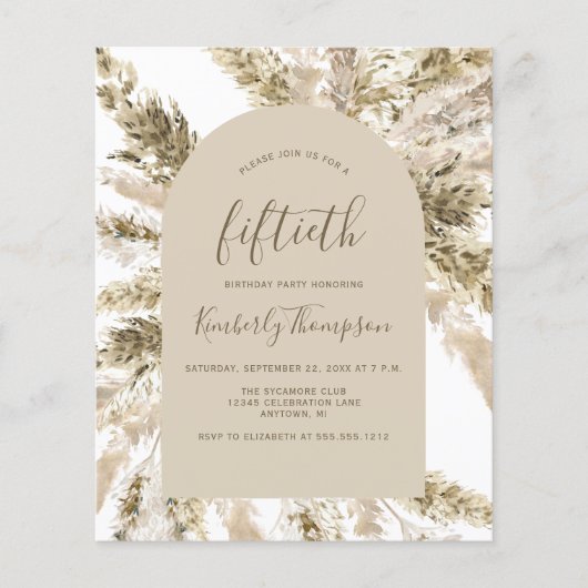 Budget Boho Pampas Grass Arch 50th Birthday Invite (Voorkant)