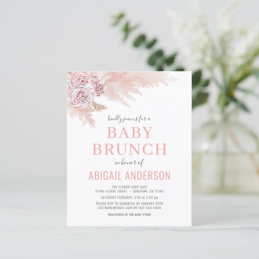 Budget Boho Pampas Grass Baby Brunch Uitnodiging (Staand voorkant)