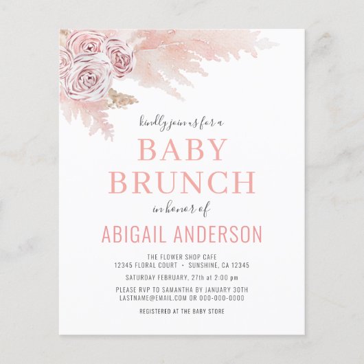 Budget Boho Pampas Grass Baby Brunch Uitnodiging Flyer (Voorkant)