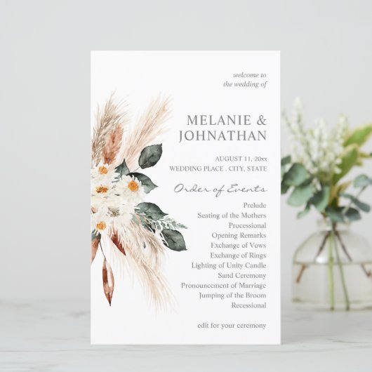 Budget Boho Pampas Grass Beige Wedding Programme M (Staand voorkant)