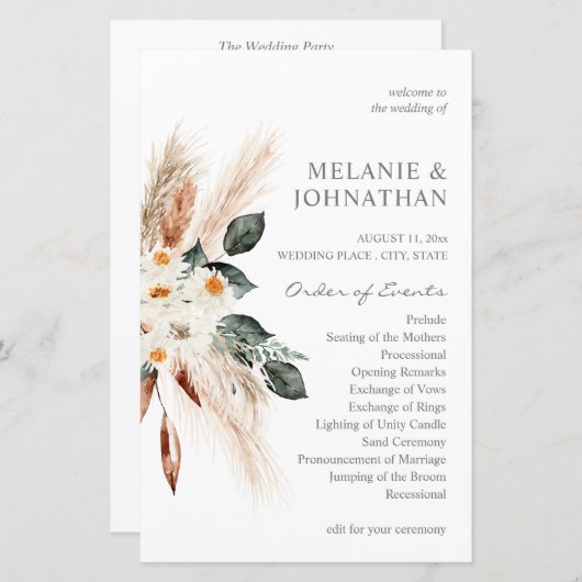Budget Boho Pampas Grass Beige Wedding Programme M (Voorkant / Achterkant)