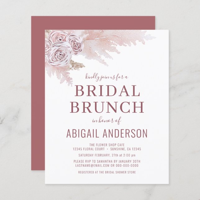 Budget Boho Pampas Grass Bridal Brunch Uitnodiging (Voorkant / Achterkant)