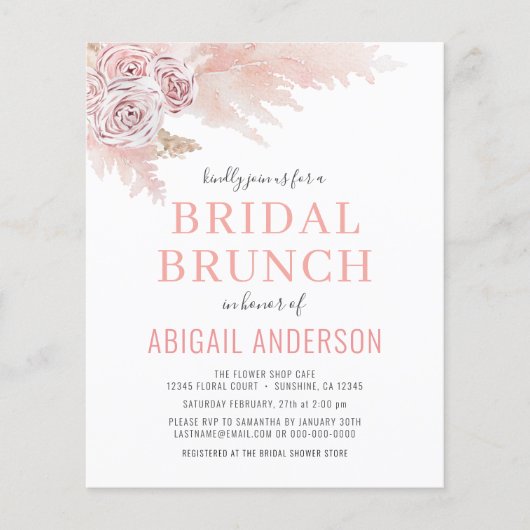 Budget Boho Pampas Grass Bridal Brunch Uitnodiging Flyer (Voorkant)