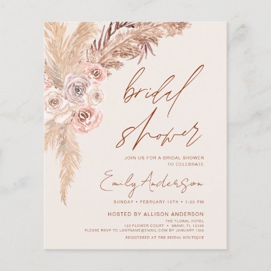Budget Boho Pampas Grass Bridal Shower Flyer (Voorkant)