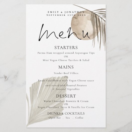 Budget Boho Pampas Grass Cream Wedding Menu (Voorkant)