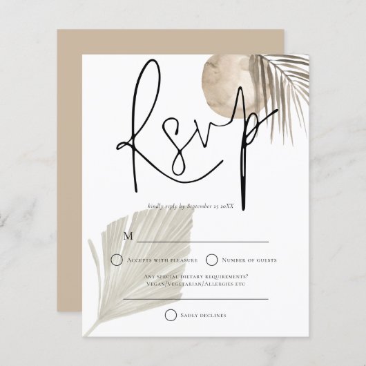 Budget Boho Pampas Grass fan Wedding RSVP (Voorkant / Achterkant)