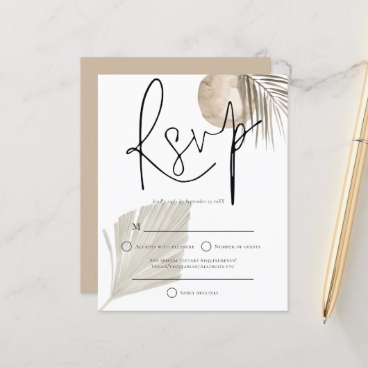 Budget Boho Pampas Grass fan Wedding RSVP (Voorkant / Achterkant in situ)
