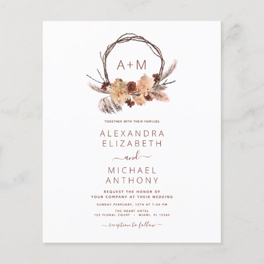 Budget Boho Pampas Grass Monogram Weddenschap (Voorkant)