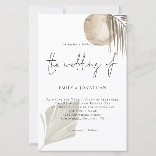 Budget Boho Pampas Grass Script Wedding Uitnodigin (Voorkant)
