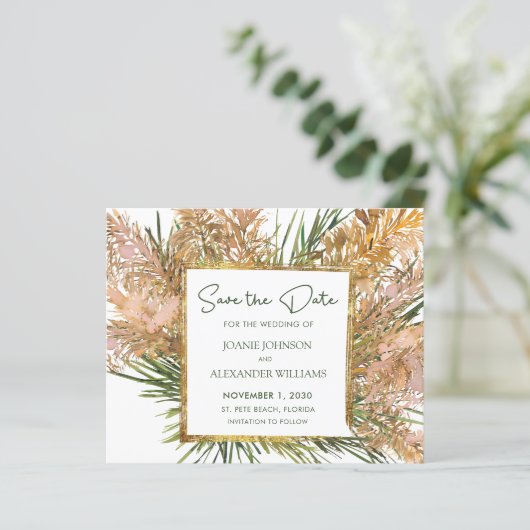 Budget Boho Pampas Grass Wedding Save the Date (Staand voorkant)