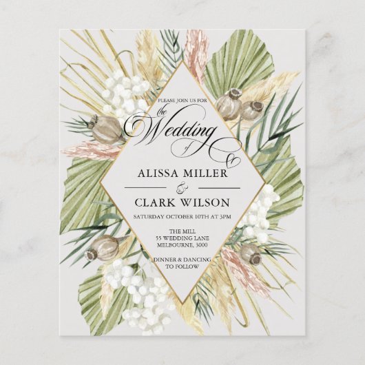 BUDGET Boho Pampas Grass Wedding Uitnodiging (Voorkant)