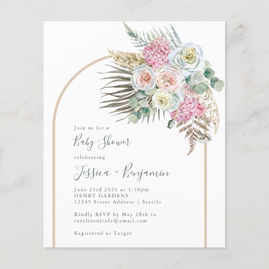 Budget Boho Pampas Green Floral Baby shower (Voorkant)