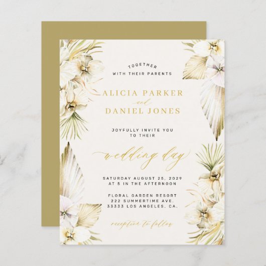 Budget boho pampas tropische bruiloft uitnodiging (Voorkant / Achterkant)