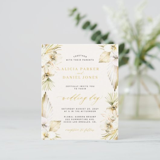 Budget boho pampas tropische bruiloft uitnodiging (Staand voorkant)