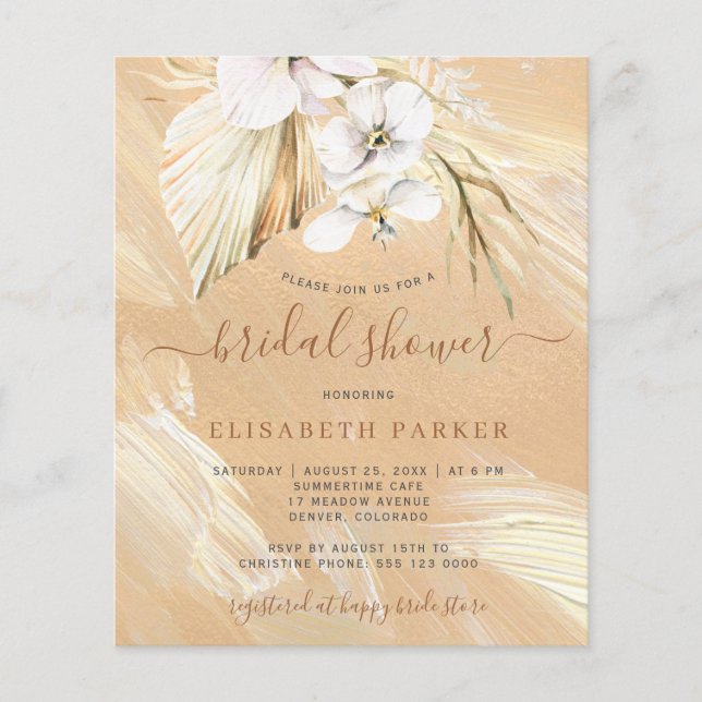 Budget boho pampasgras bruiloftsshower uitnodiging (Voorkant)