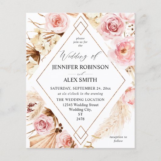 Budget Boho Pink & Beige Floral Gold Wedding Flyer (Voorkant)