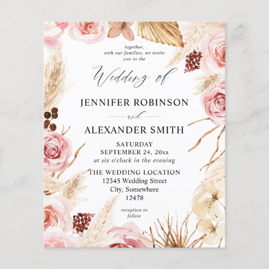 Budget Boho Pink & Beige Floral Pampas Wedding Flyer (Voorkant)