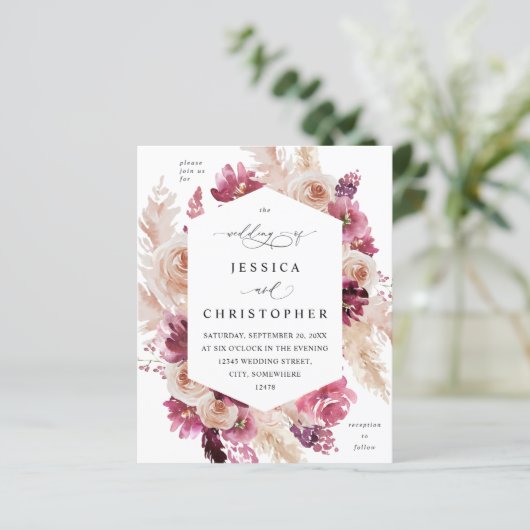 Budget Boho Pink Pampas Grass Floral Weddenroze (Staand voorkant)