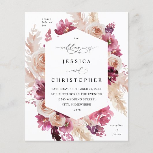 Budget Boho Pink Pampas Grass Floral Wedding Flyer (Voorkant)