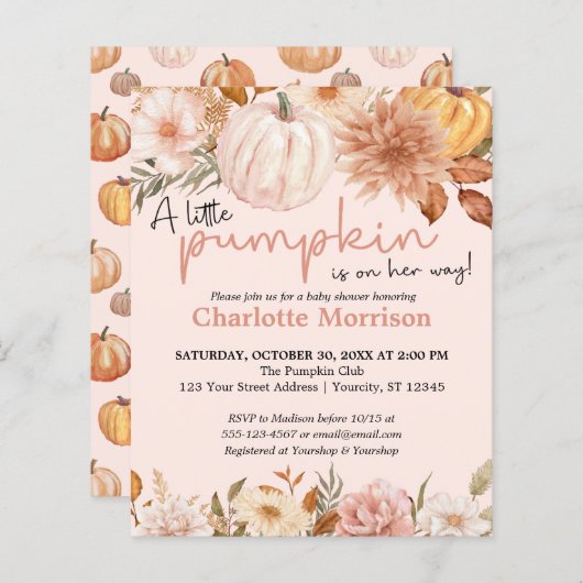 Budget Boho Pink Pumpkin Girl Baby shower Invite (Voorkant / Achterkant)