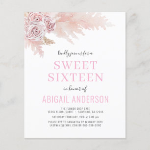 Budget Boho Pink Sweet Sixteen Uitnodiging