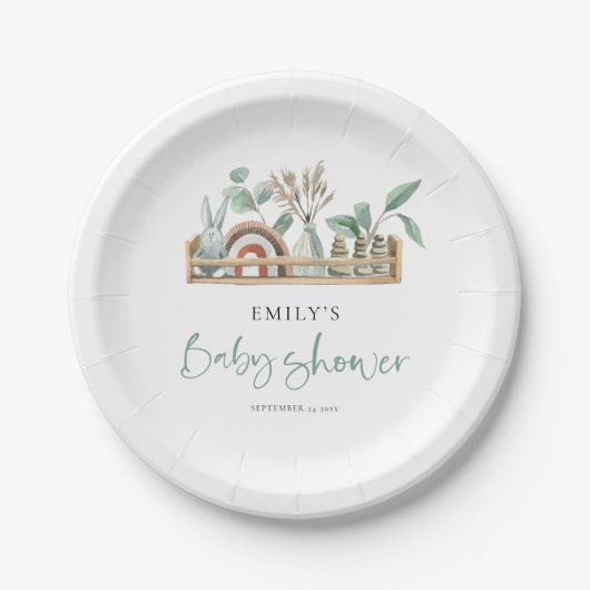 Budget Boho Plank Speelgoed Sage Baby shower Papieren Bordje (Voorkant)