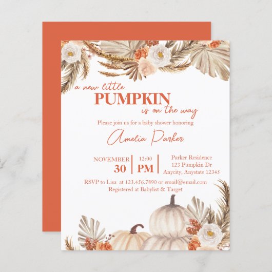 Budget Boho Pumpkin Baby shower uitnodiging (Voorkant / Achterkant)