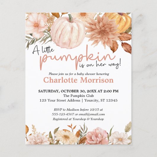 Budget Boho Pumpkin Girl Baby shower Uitnodiging (Voorkant)