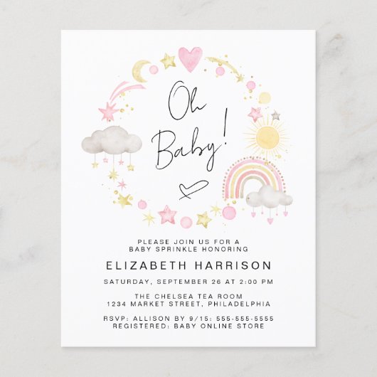 Budget Boho Rainbow Baby Meisje Sprinkle Uitnodigi (Voorkant)