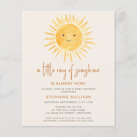 Budget Boho Ray of Sunshine Baby shower Invitation (Voorkant)