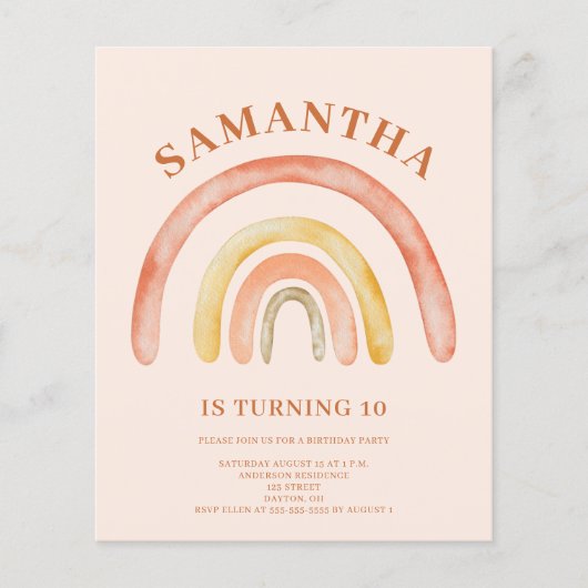 Budget Boho Retro Regenboog 10e Verjaardag Uitnodi (Voorkant)