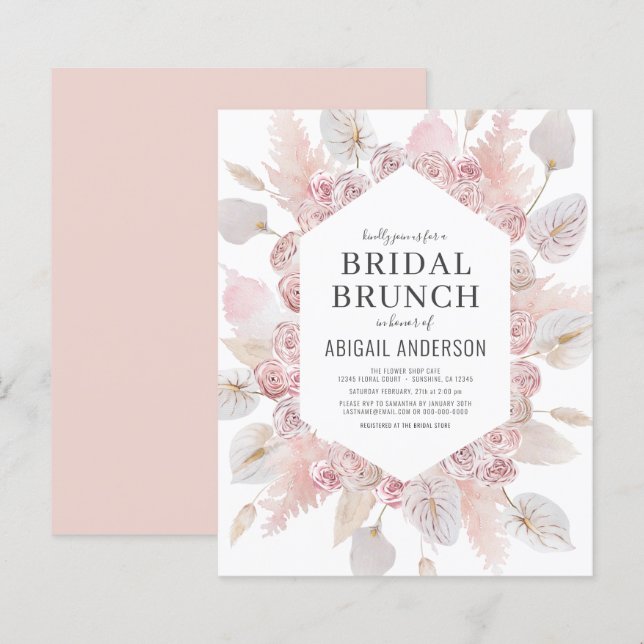 Budget Boho Roze Bruids Brunch Uitnodiging (Voorkant / Achterkant)