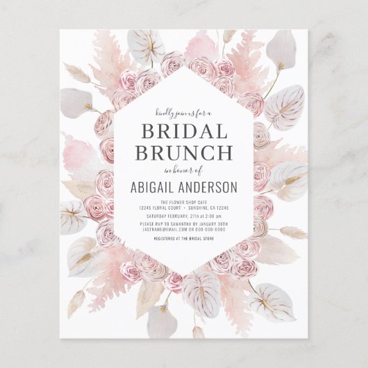 Budget Boho Roze Roze Bruids Brunch Uitnodiging Flyer (Voorkant)