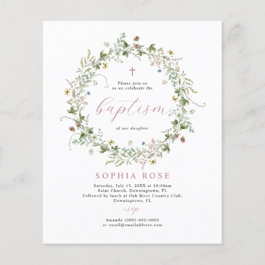 Budget Boho Rustic Wildbloemen Baptisme Uitnodigin (Voorkant)