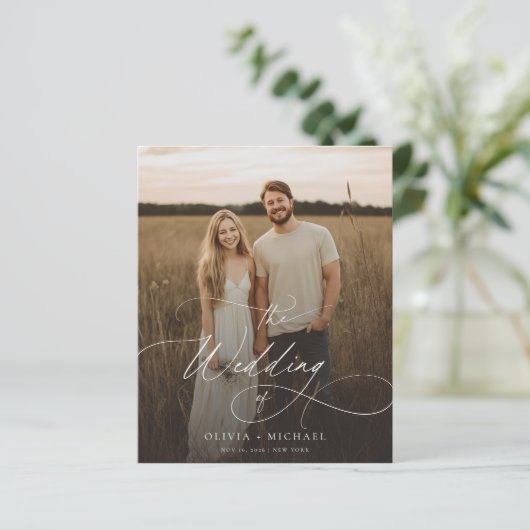 Budget Boho Script Rustic Photo Wedding Invites (Staand voorkant)