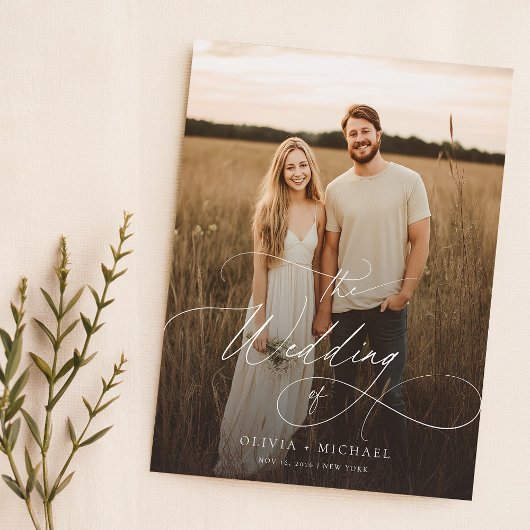Budget Boho Script Rustieke Foto Huwelijksuitnodig