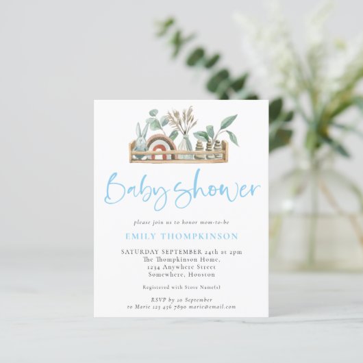 Budget Boho Shelf Toys Boy Baby shower nodigt uit (Staand voorkant)