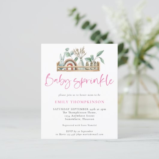 Budget Boho Shelf Toys Girl Baby Sprinkle Invite (Staand voorkant)