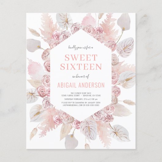 Budget Boho Sweet Sixteen Modern Blush Uitnodiging Flyer (Voorkant)