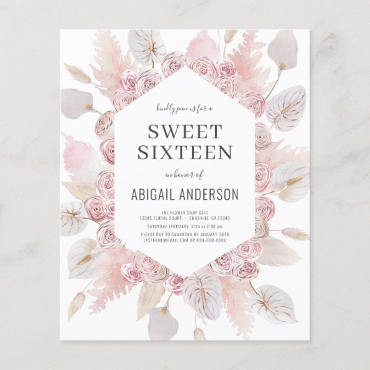 Budget Boho Sweet Sixteen Moderne Uitnodiging (Voorkant)