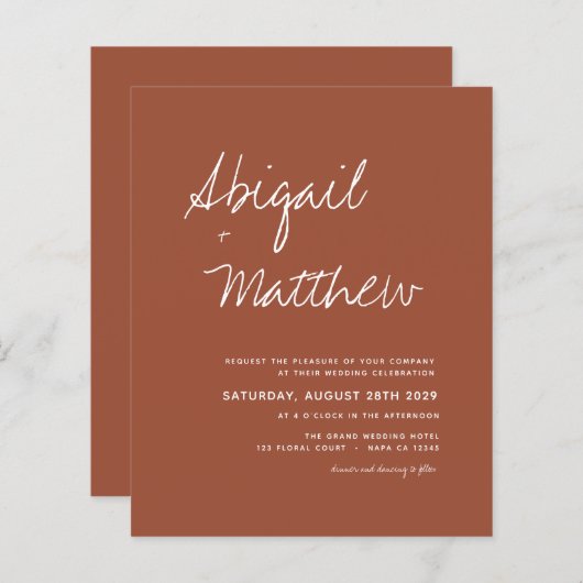 Budget Boho Terracotta Eenvoudige huwelijksuitnodi (Voorkant / Achterkant)