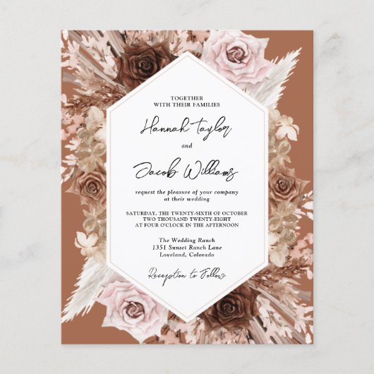 Budget Boho Terracotta Floral Wedding Uitnodiging (Voorkant)