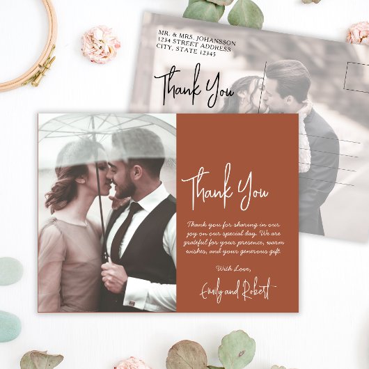 Budget Boho Terracotta Foto Bruiloft Dank u Briefkaart