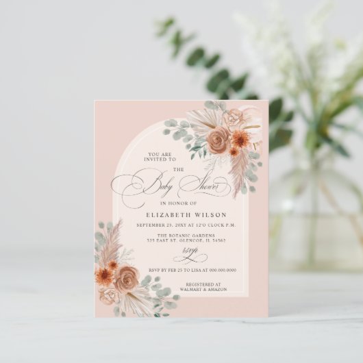Budget Boho Terracotta Pampas Baby shower Invite (Staand voorkant)