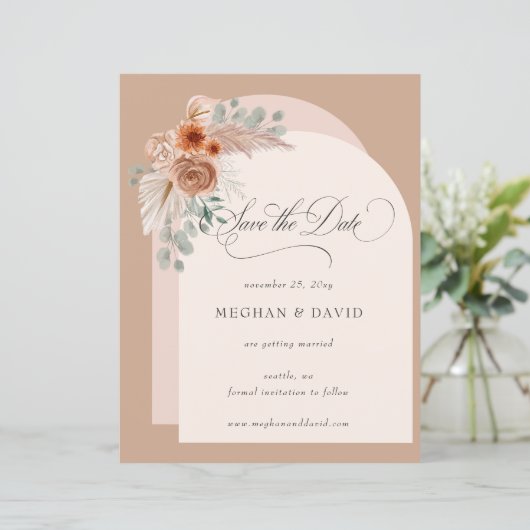 Budget Boho Terracotta Pampas Save the Date (Staand voorkant)