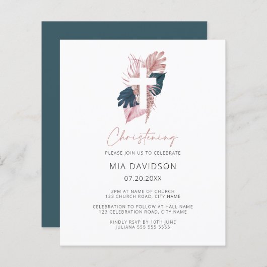 Budget Boho Waterverf Floral Christening Invite (Voorkant / Achterkant)