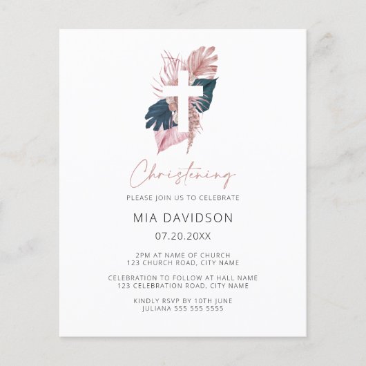 Budget Boho Waterverf Floral Christening Invite (Voorkant)